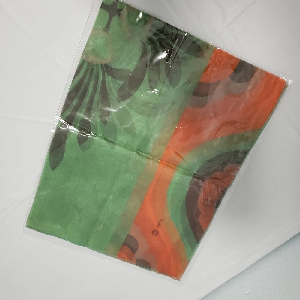 M Paris Silk Scarf Made in France Green Orange Floral Abstract Square Scarf